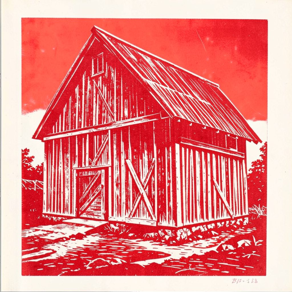 Carved linocut relief print of a rural barn building in earthy brown and cream tones