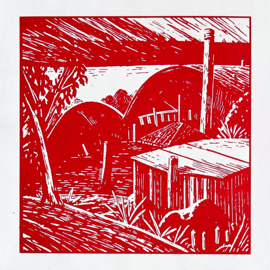 Carved linocut relief map-like illustration of countryside sites in muted green and cream tones