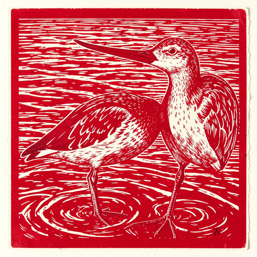 Carved linocut relief print of wading birds among reeds in soft blue-grey and cream tones