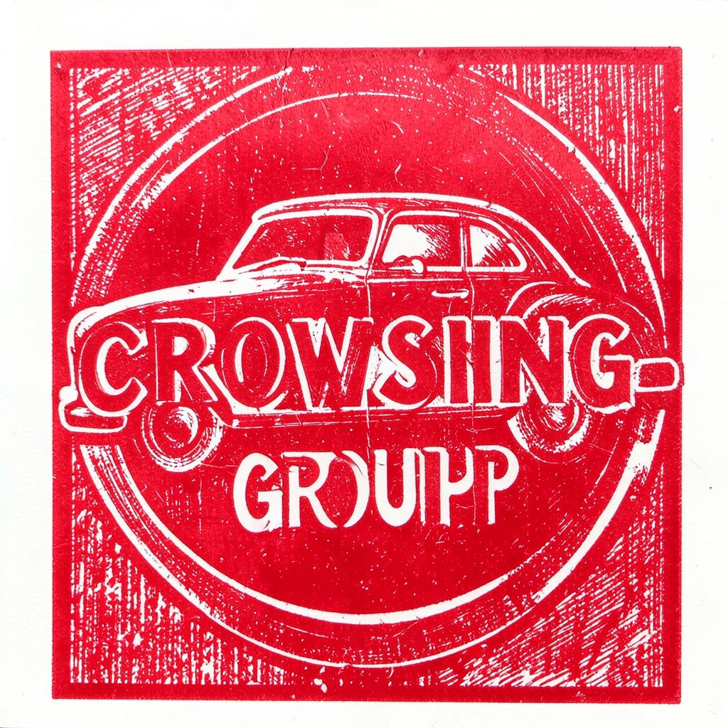 Circular carved linocut style emblem representing a community crossing group, in navy and red tones
