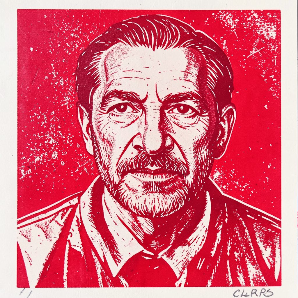 Carved linocut relief portrait-style image evoking a historic poet figure, in warm sepia and brown tones